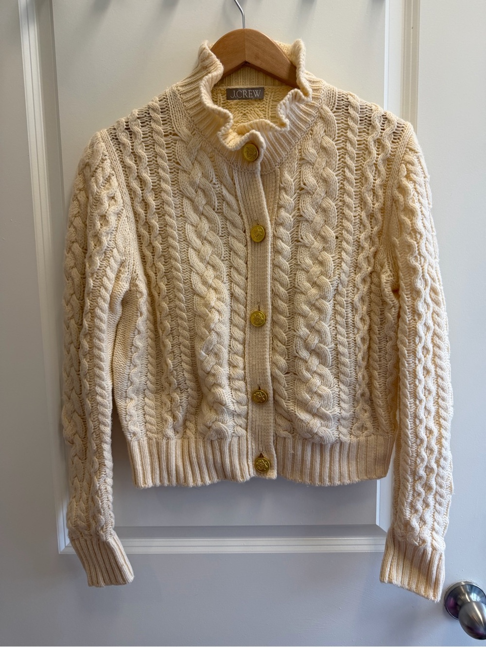J. Crew Cream Cable Knit Wool Blend Button Cardigan with Gold Buttons
